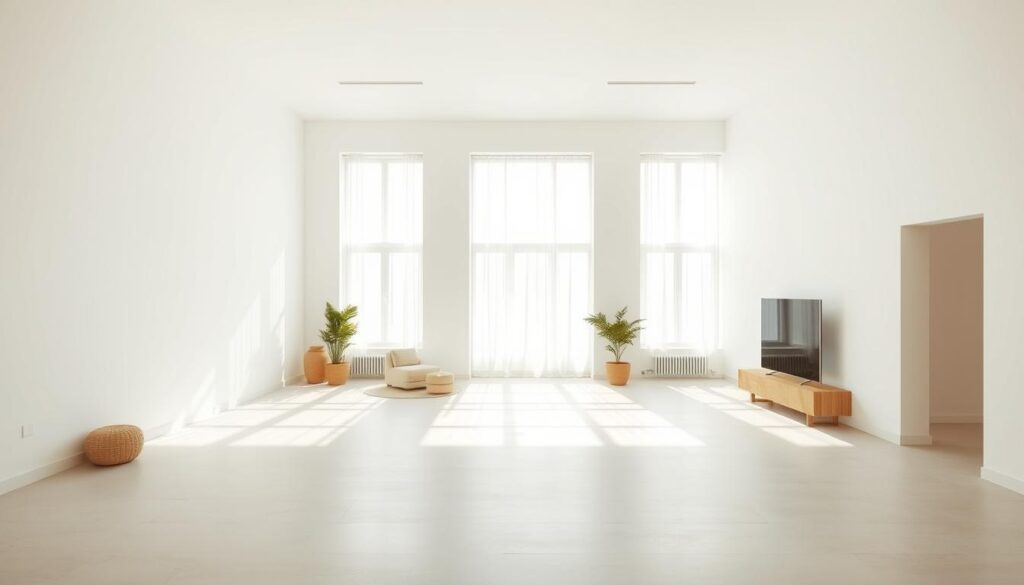 Airy, bright interior with soft, diffused natural light filtering through large windows, illuminating minimalist white walls. A serene, expansive atmosphere with a sense of openness and tranquility. Subtle textures on the surfaces add depth, while the clean lines and uncluttered layout create a visually calming, spacious ambiance. Warm, neutral tones and muted accents complement the light-filled environment, amplifying the impression of a bright, spacious apartment. Crisp, high-angle view showcasing the harmonious balance of light and minimalist design.