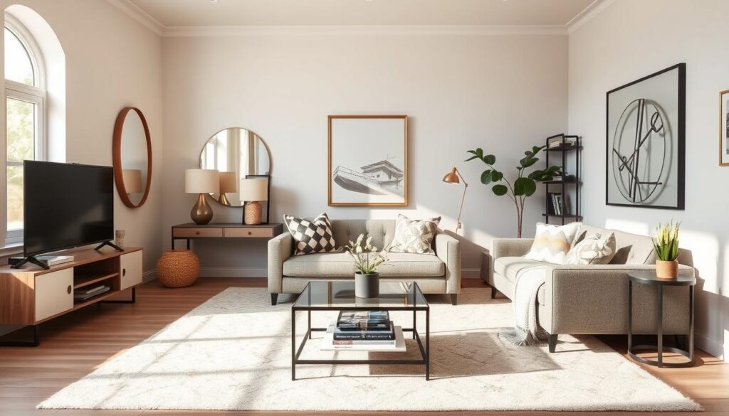 Beautifully designed small living room incorporating multiple space-maximizing strategies Beautifully designed small living room incorporating multiple space-maximizing strategies