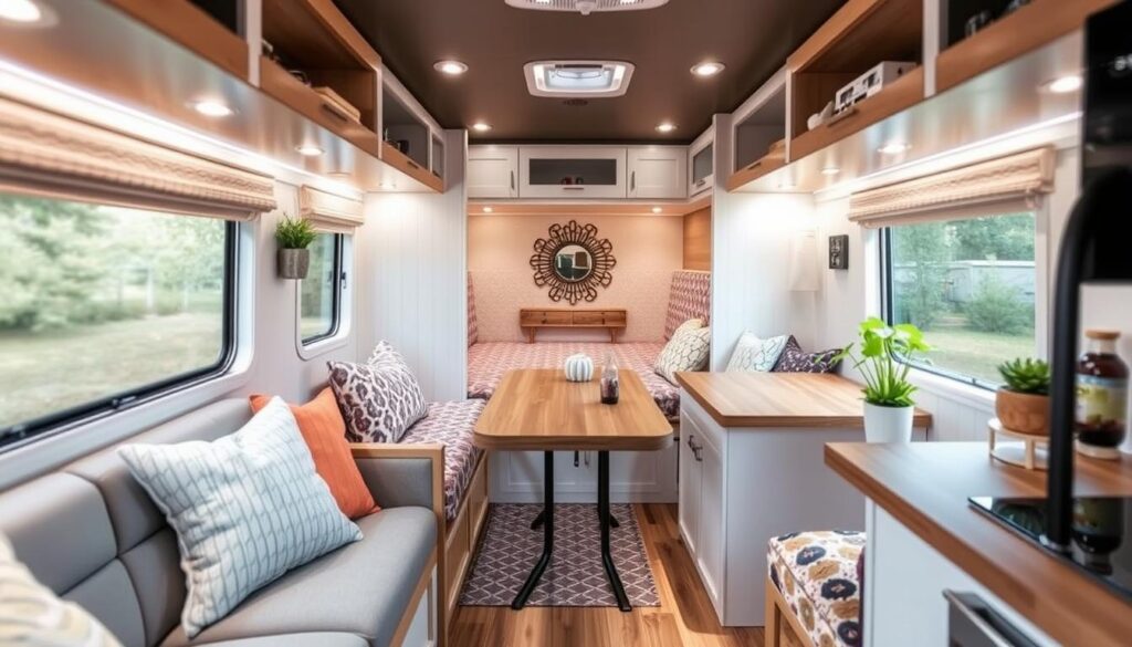 Beautifully styled camper interior showcasing multiple stylish upgrades Beautifully styled camper interior showcasing multiple stylish upgrades