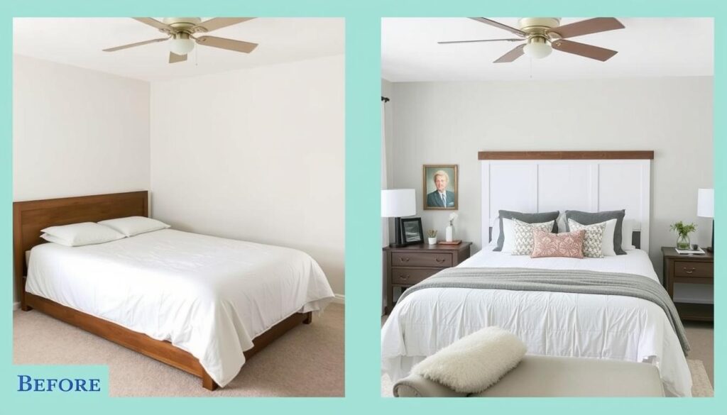Before and after comparison of bedroom with new DIY farmhouse headboard Before and after comparison of bedroom with new DIY farmhouse headboard