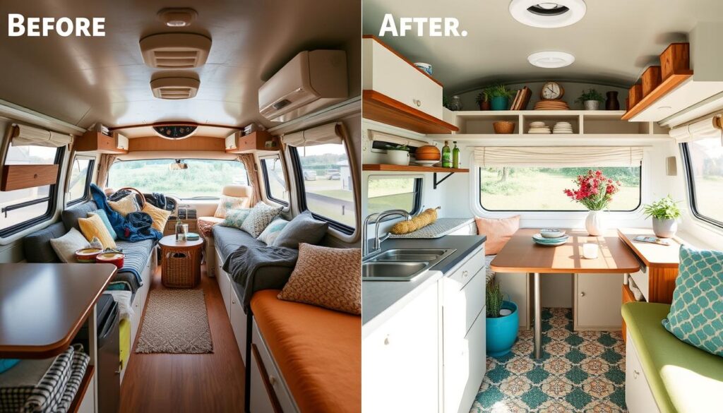 Before and after of a styled camper interior showing effective use of space Before and after of a styled camper interior showing effective use of space