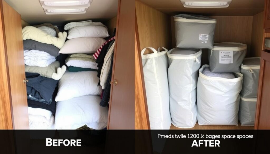 Before and after of using vacuum storage bags in a camper closet Before and after of using vacuum storage bags in a camper closet