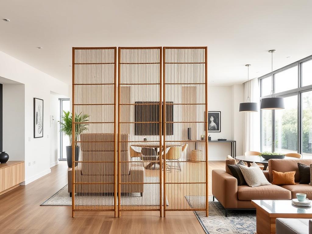 CASART 4 Panel Bamboo Room Divider in a bright open-plan living space