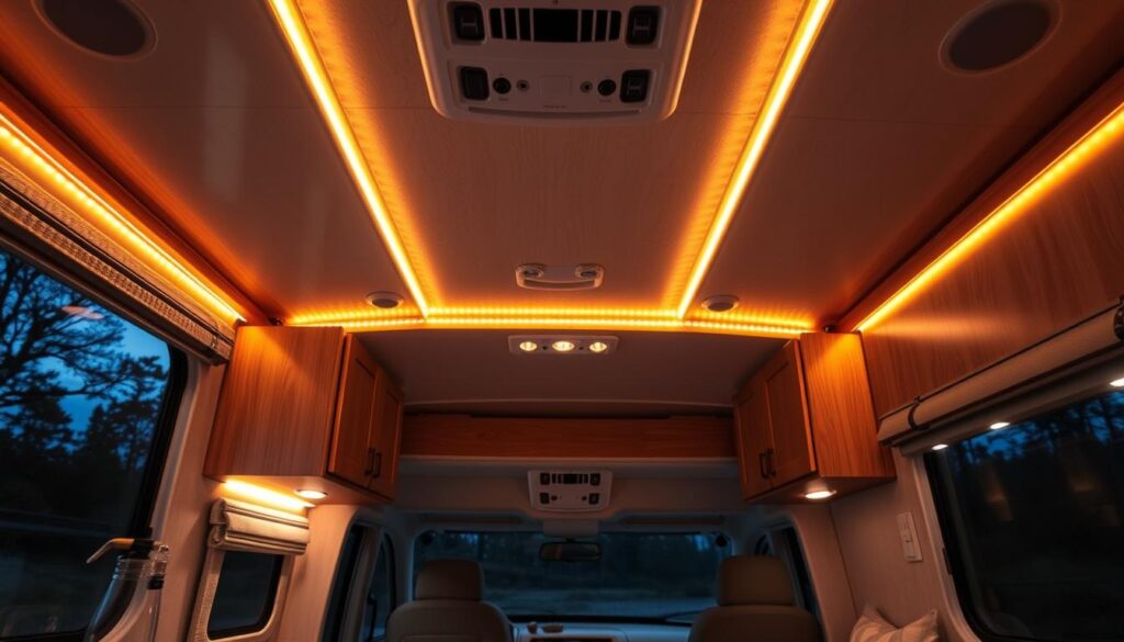 Camper interior with ambient LED strip lighting creating a cozy atmosphere Camper interior with ambient LED strip lighting creating a cozy atmosphere