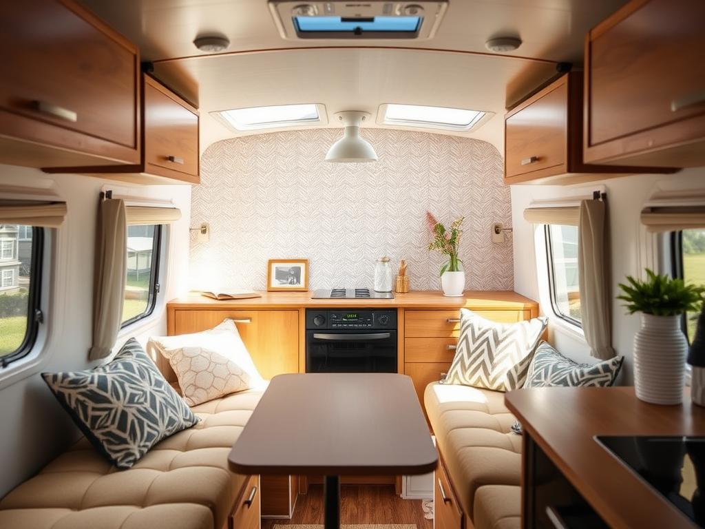 Camper interior with stylish peel-and-stick wallpaper accent wall Camper interior with stylish peel-and-stick wallpaper accent wall
