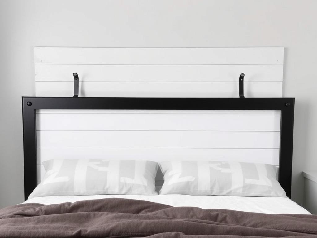 Classic white shiplap farmhouse headboard with black hardware Classic white shiplap farmhouse headboard with black hardware