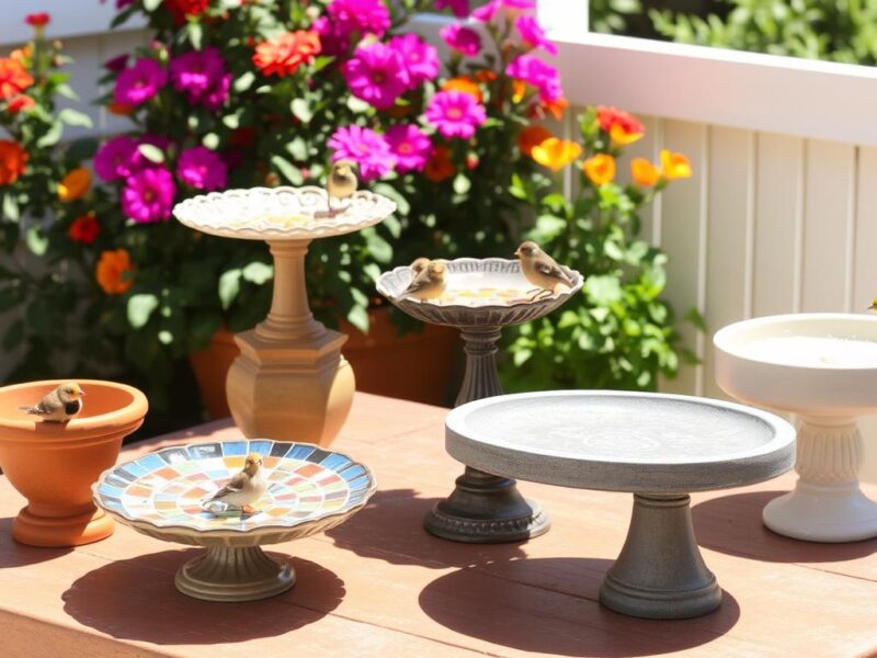 Collection of tabletop bird bath DIYs arranged on a sunny patio with birds visiting