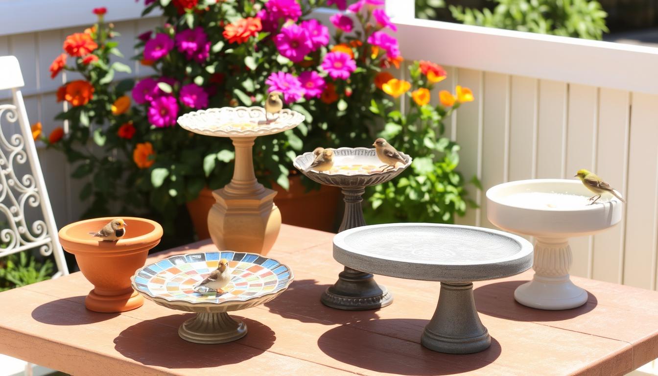 Collection of tabletop bird bath DIYs arranged on a sunny patio with birds visiting