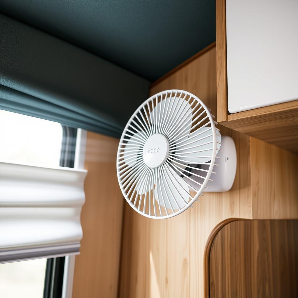 Compact USB-powered fan mounted in a stylish camper interior Compact USB-powered fan mounted in a stylish camper interior