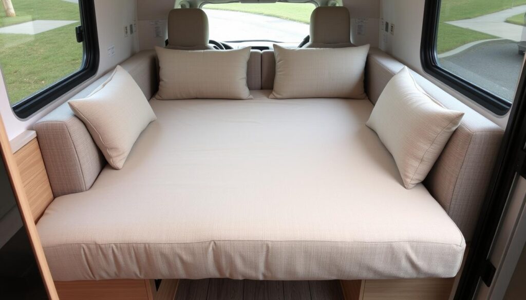 Compact convertible sofa bed in small camper interior furniture setup Compact convertible sofa bed in small camper interior furniture setup