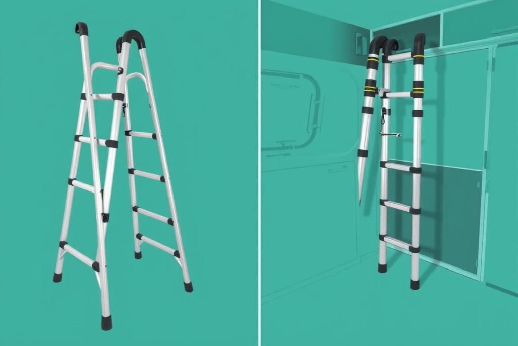 Compact telescoping ladder for small camper storage and utility Compact telescoping ladder for small camper storage and utility