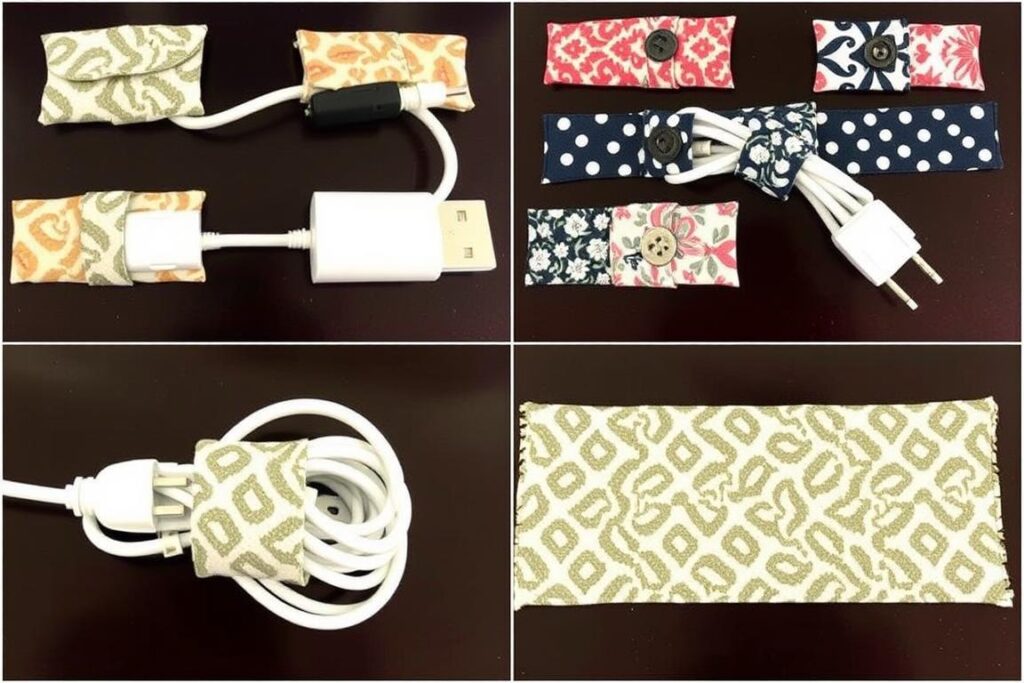 Fabric cord organizers for keeping sewing machine cords tidy Fabric cord organizers for keeping sewing machine cords tidy
