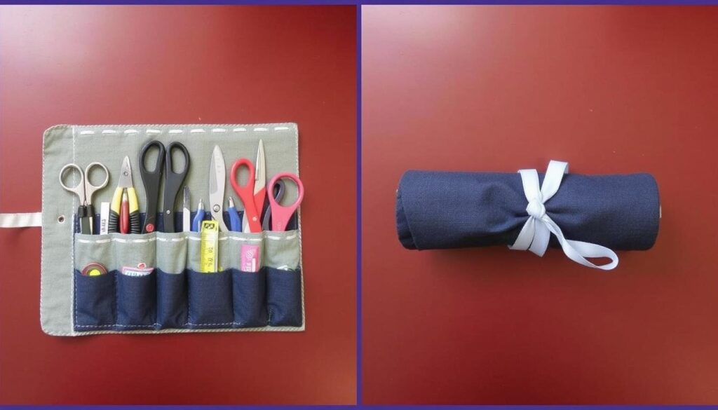 Fabric roll-up case for sewing tools that saves space Fabric roll-up case for sewing tools that saves space