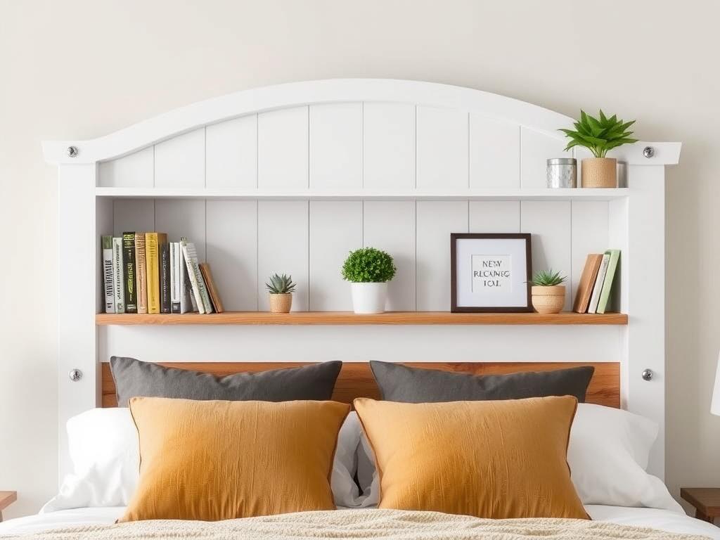 Farmhouse headboard with built-in shelving for books and decor Farmhouse headboard with built-in shelving for books and decor