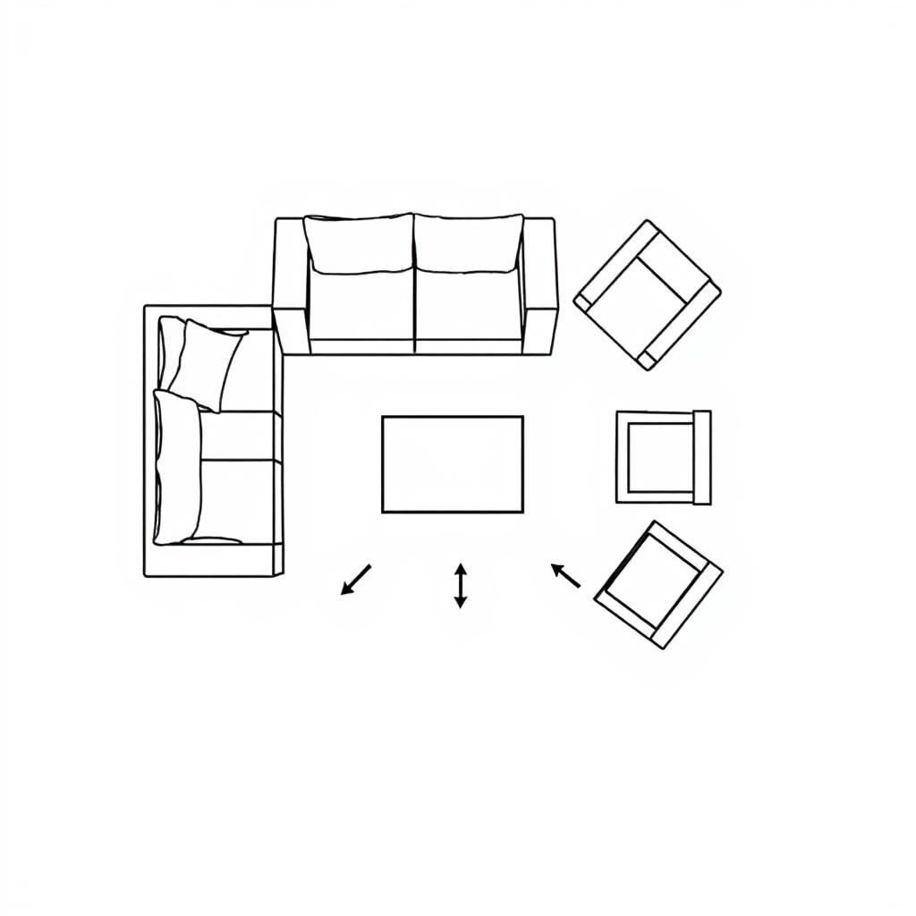 Floor plan diagram showing optimal furniture arrangement for a small living room Floor plan diagram showing optimal furniture arrangement for a small living room