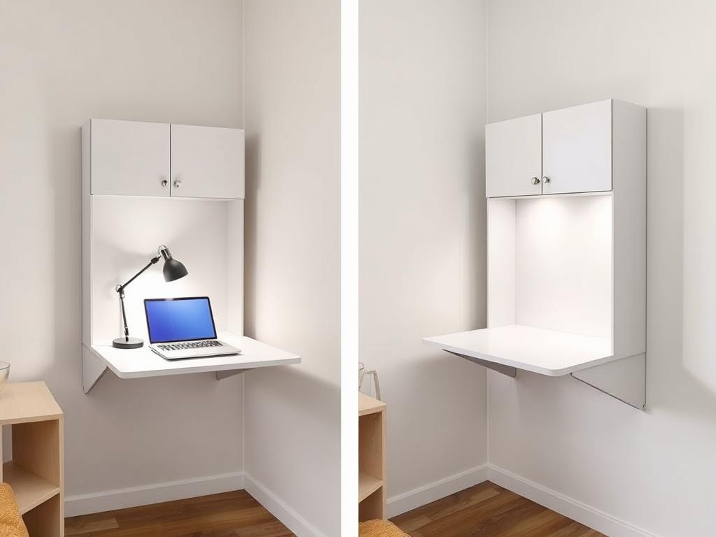 Fold-down wall desk in a studio apartment Fold-down wall desk in a studio apartment