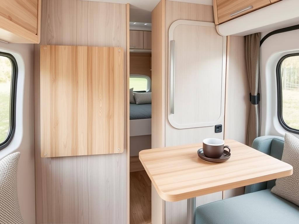 Foldable wall-mounted table in a stylish camper with minimalist decor