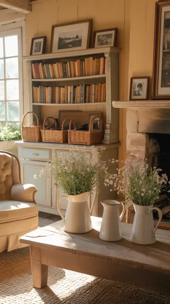 Cozy French farmhouse living room with vintage chairs, a coffee table, and plants