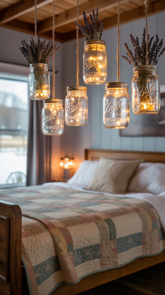 Hanging mason jar lights in a cozy farmhouse bedroom