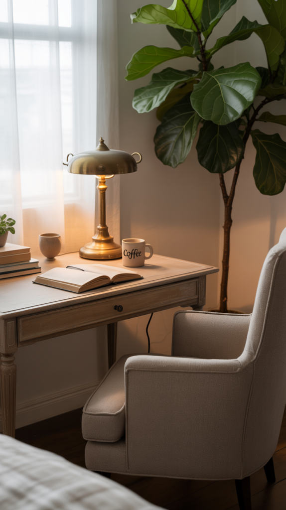 desk near window Cozy home office with a wood desk, coffee mug, vintage lamp, and armchair by a window with a fiddle-leaf fig plant.
