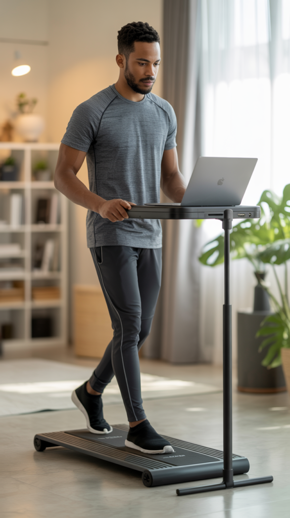 A neatly organized office space, with a standing desk and a walking pad in the foreground. The desk is adorned with a potted plant, a sleek lamp, and a laptop. In the middle ground, a person is walking briskly on the pad, their stride purposeful and their expression focused. The background features a large window overlooking a bustling city skyline, with natural light streaming in and casting a warm, productive glow on the scene. The overall mood is one of efficiency, balance, and a healthy work-life integration.