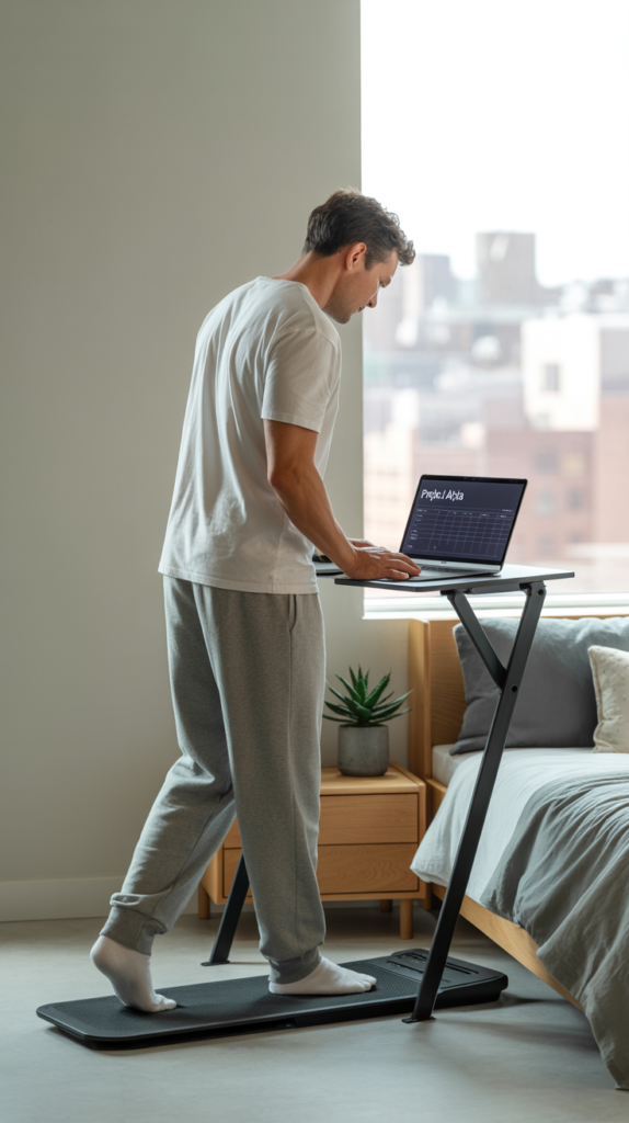 A person working at a standing desk with a walking pad, engrossed in their laptop, the gentle whirring of the walking pad's belt beneath their feet. Soft, indirect lighting illuminates the scene, casting a warm, productive atmosphere. The desk is minimalist, with a simple laptop and a cup of coffee. In the background, a large window overlooks a cityscape, blurred for focus on the foreground. The person's posture is relaxed yet attentive, their expression one of concentration and mindfulness as they stride in place, burning calories while working.