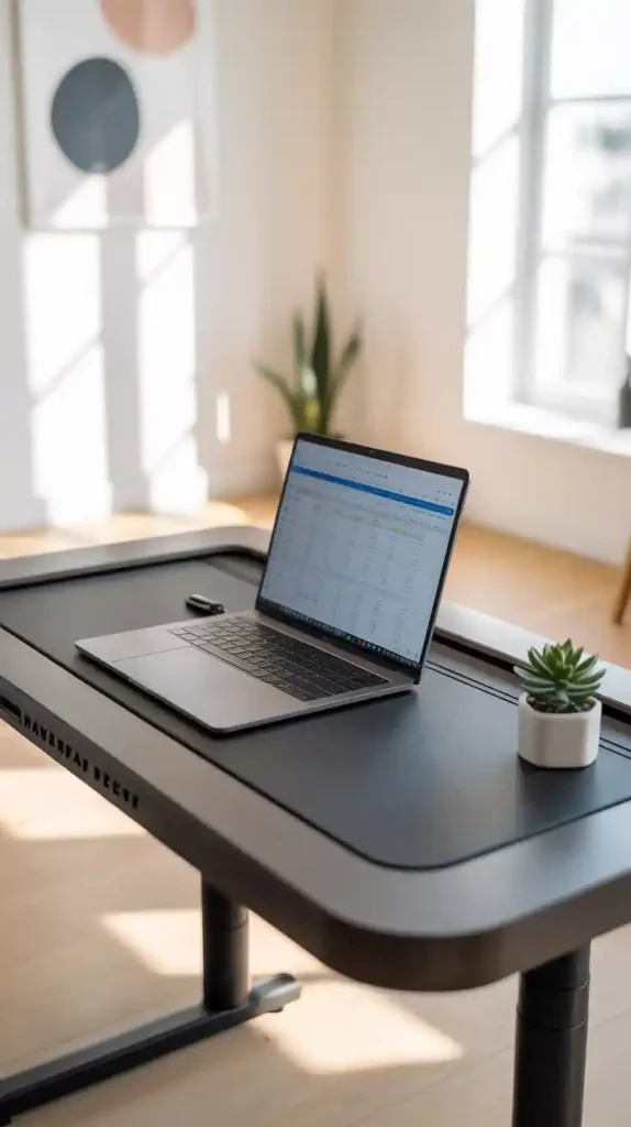 A sleek, modern walking pad desk design with a gray, minimalist frame and a smooth, brushed metal surface. The desk is situated in a bright, airy studio space, with large windows that let in natural light. The walking pad is integrated seamlessly into the desk, creating a seamless and ergonomic workspace. The desk is angled slightly, allowing for a comfortable walking stride. Soft, indirect lighting illuminates the scene, creating a calm and focused atmosphere. The overall design is streamlined and functional, with a emphasis on user comfort and productivity.