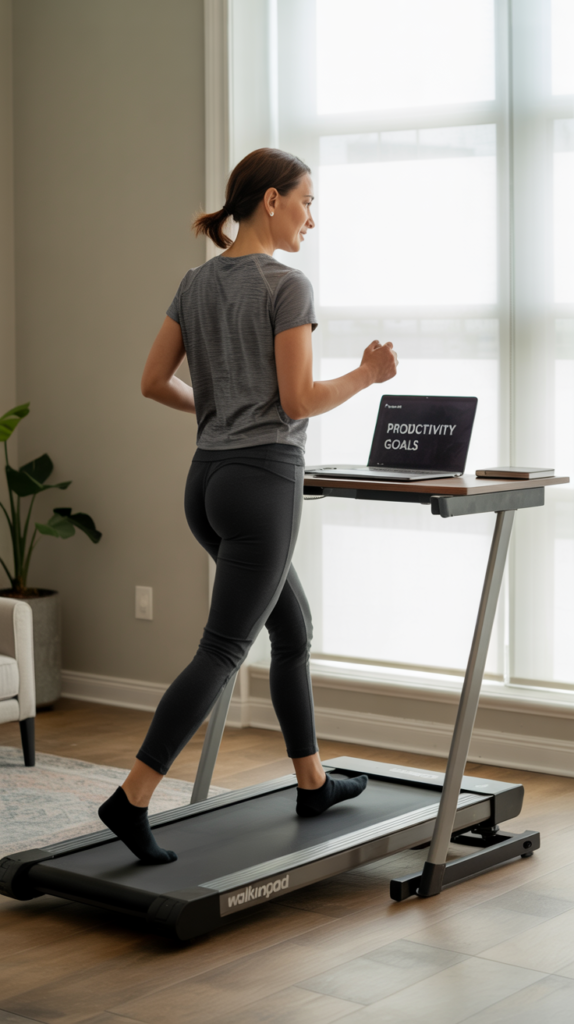 A bright, modern office setting with a sleek walking pad desk in the foreground. The desk features a smooth, uncluttered surface and a treadmill base that allows the user to walk while working. In the middle ground, a person strides comfortably on the walking pad, laptop in hand, with a focused yet relaxed expression. Sunlight streams in through large windows, illuminating the scene with a warm, natural glow. The background showcases lush greenery and minimalist decor, creating a serene, health-conscious atmosphere. The overall composition conveys the benefits of using a walking pad desk, including improved cardiovascular health, increased energy, and enhanced productivity.