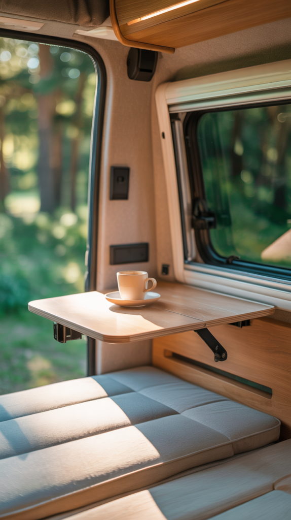 Wall-mounted folding table in small camper interior saving space