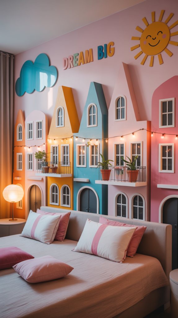Colorful wall mural in a teen girl's bedroom featuring bright buildings and playful elements.