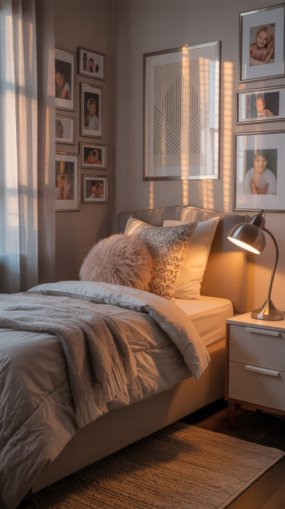 Cozy bedroom with metallic accents including a lamp and picture frames.