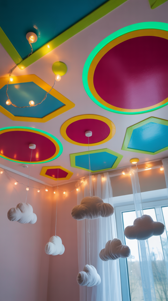 A colorful and funky ceiling design featuring various shapes and colors in a teen girl bedroom.