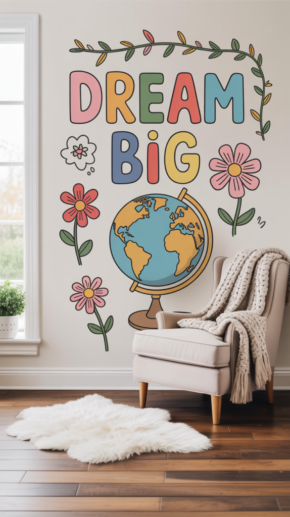 A cozy bedroom with interactive wall decals featuring letters, flowers, and a globe on a white wall.