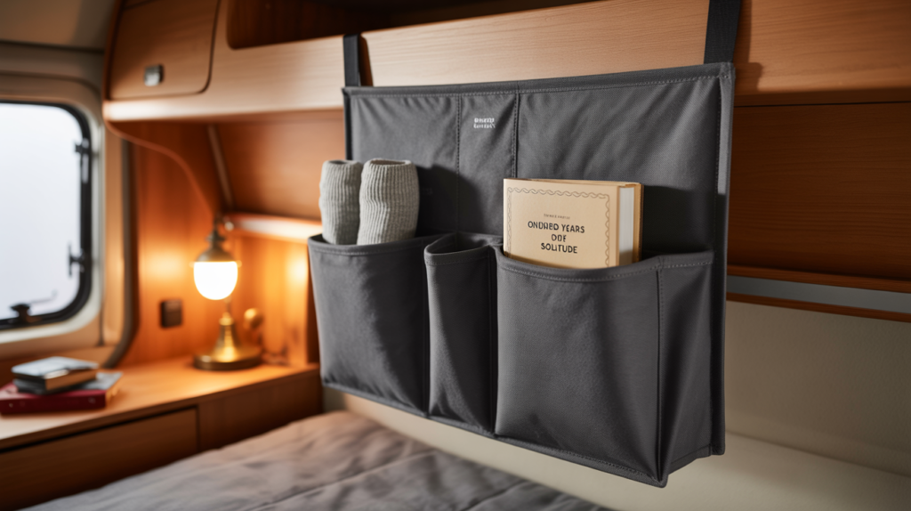 Bedside caddy organizer for small camper bed storage