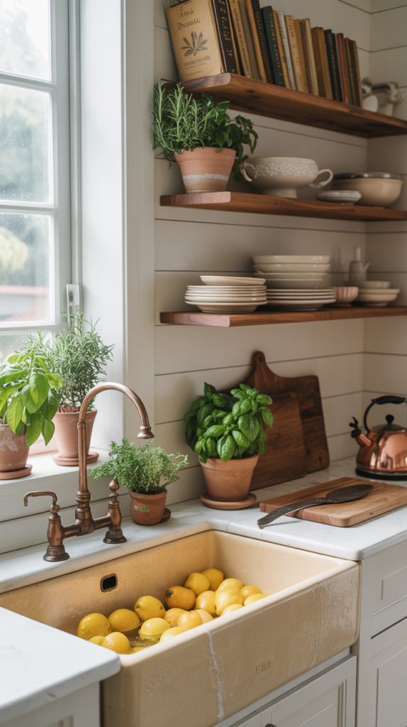 A modern farmhouse kitchen featuring open wooden shelves displaying dishware and rustic decor items, complemented by light fixtures and potted plants.