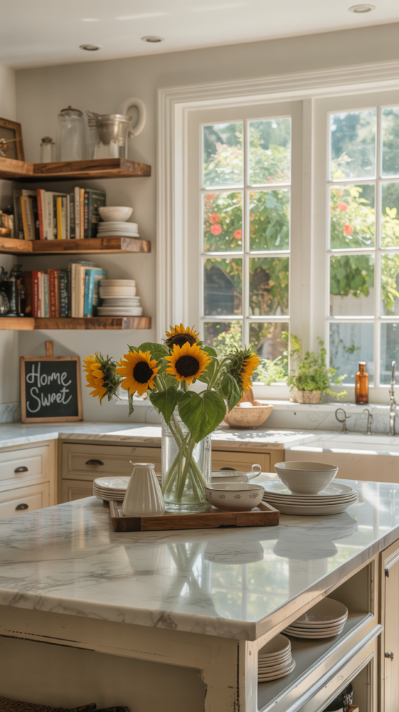 A modern farmhouse kitchen featuring open shelving with rustic wooden accents and white dishes.