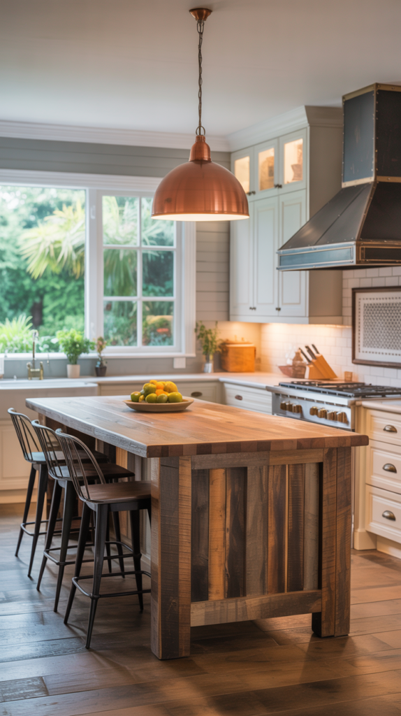 Modern farmhouse kitchen featuring a mix of wood and metal materials, creating a cozy atmosphere.