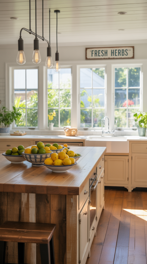 A modern farmhouse kitchen with black pendant lights above a kitchen island and warm wooden flooring.