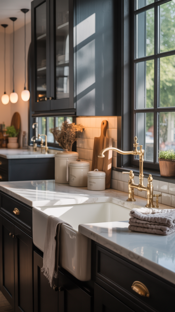 A modern farmhouse kitchen featuring a deep farmhouse sink with brass vintage fixtures, dark cabinetry, and natural light coming through the window.