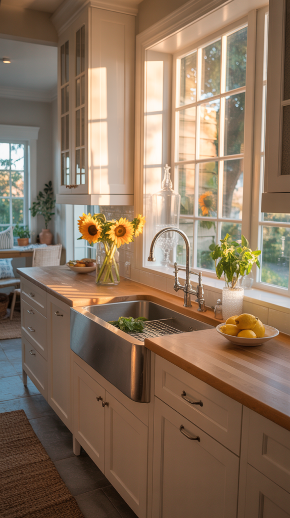 A bright and airy modern farmhouse kitchen featuring white cabinets, wood countertops, and plenty of natural light.