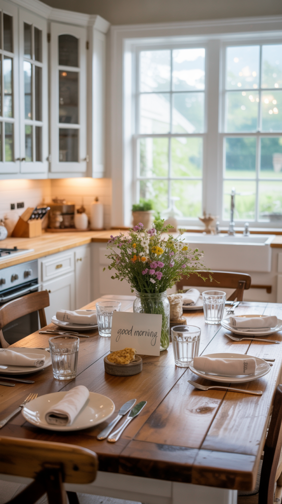 Bright modern farmhouse kitchen with customized white cabinetry and a wooden table