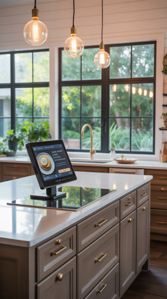 Modern farmhouse kitchen with integrated technology and stylish design