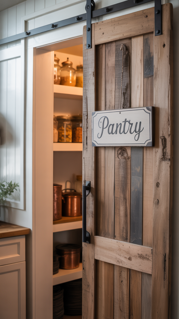 A rustic wooden pantry door with a sliding mechanism and a decorative sign, set in a modern farmhouse kitchen.