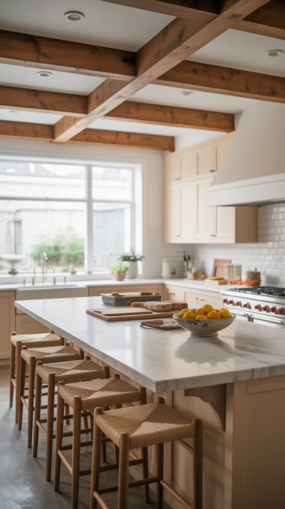 Modern farmhouse kitchen with exposed natural wood beams and white cabinetry.