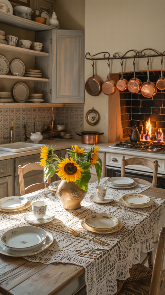 A cozy and inviting French country kitchen, filled with natural light streaming through large windows. In the foreground, a farmhouse-style wooden table set with a lace tablecloth, antique plates, and a vase of fragrant flowers. Along the walls, wooden cabinets with distressed paint, complemented by open shelves displaying a collection of vintage-inspired dishware. The backsplash features intricate tile patterns, adding a touch of rustic charm. Copper pots and pans hang from a wrought-iron rack, while a large stone fireplace anchors the space, radiating warmth. The overall atmosphere evokes a sense of timeless elegance and relaxed country living. A cozy and inviting French country kitchen, filled with natural light streaming through large windows. In the foreground, a farmhouse-style wooden table set with a lace tablecloth, antique plates, and a vase of fragrant flowers. Along the walls, wooden cabinets with distressed paint, complemented by open shelves displaying a collection of vintage-inspired dishware. The backsplash features intricate tile patterns, adding a touch of rustic charm. Copper pots and pans hang from a wrought-iron rack, while a large stone fireplace anchors the space, radiating warmth. The overall atmosphere evokes a sense of timeless elegance and relaxed country living.