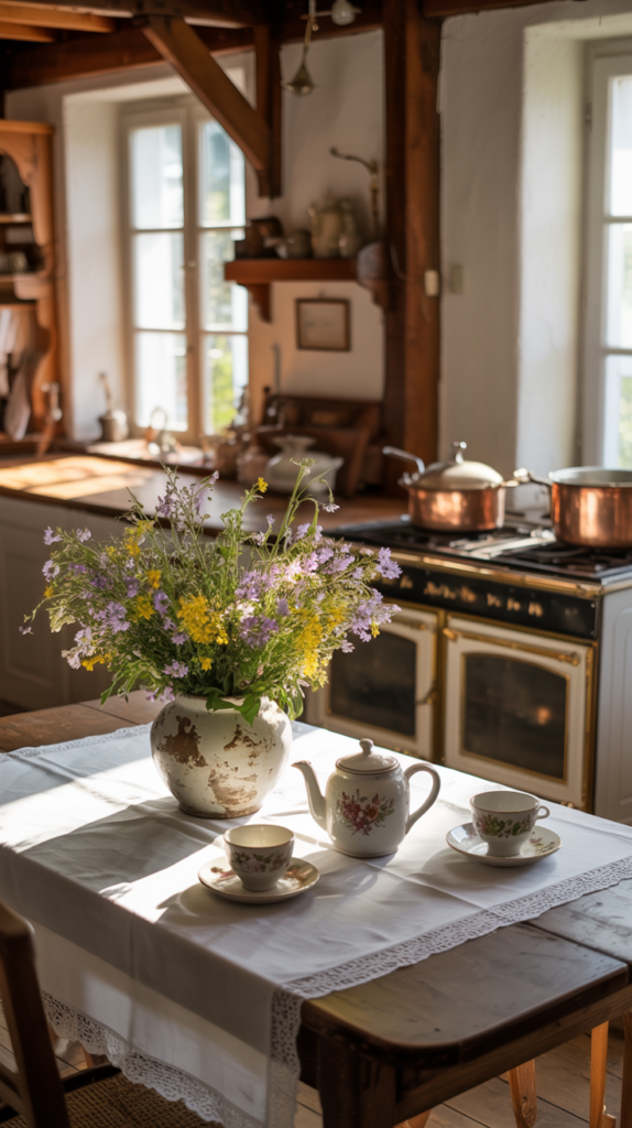 A cozy French country kitchen with a warm, rustic ambiance. In the foreground, a solid wood farmhouse table with weathered chairs, set with a lace tablecloth and a vase of fresh wildflowers. Sunlight streams through large windows, casting a soft, golden glow. The middle ground features a vintage-inspired cast-iron stove, surrounded by open shelving displaying antique crockery and copper cookware. In the background, exposed beams, whitewashed walls, and a brick fireplace create a charming, lived-in atmosphere. The overall mood is one of tranquility, simplicity, and a connection to the land. A French country kitchen with a warm, rustic ambiance. In the foreground, a solid wood farmhouse table with weathered chairs, set with a lace tablecloth and a vase of fresh wildflowers. Sunlight streams through large windows, casting a soft, golden glow. The middle ground features a vintage-inspired cast-iron stove, surrounded by open shelving displaying antique crockery and copper cookware. In the background, exposed beams, whitewashed walls, and a brick fireplace create a charming, lived-in atmosphere. The overall mood is one of tranquility, simplicity, and a connection to the land.