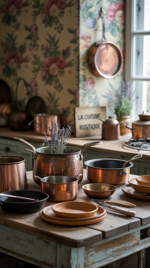 A rustic country kitchen laid out on a wooden table, showcasing an assortment of essential materials and tools. In the foreground, various aged copper pots, cast-iron skillets, and earthenware dishes are arranged in a visually pleasing manner. In the middle ground, a selection of natural wooden utensils, woven baskets, and vintage-inspired glass jars filled with herbs and spices create a warm, inviting atmosphere. The background features a weathered wooden wall with a few framed botanical prints, adding to the charming French cottage aesthetic. The lighting is soft and natural, casting a gentle glow over the scene, while the camera angle provides a slightly elevated perspective to capture the full tableau. A rustic country kitchen laid out on a wooden table, showcasing an assortment of essential materials and tools. In the foreground, various aged copper pots, cast-iron skillets, and earthenware dishes are arranged in a visually pleasing manner. In the middle ground, a selection of natural wooden utensils, woven baskets, and vintage-inspired glass jars filled with herbs and spices create a warm, inviting atmosphere. The background features a weathered wooden wall with a few framed botanical prints, adding to the charming French cottage aesthetic. The lighting is soft and natural, casting a gentle glow over the scene, while the camera angle provides a slightly elevated perspective to capture the full tableau.
