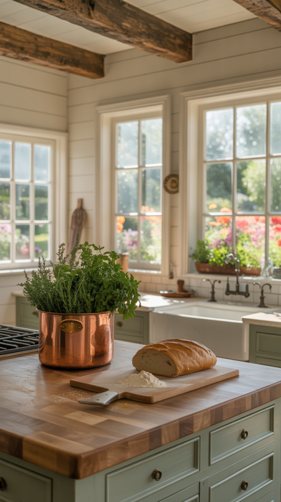A warm, inviting French country kitchen with rustic wood beams, white shiplap walls, and a farmhouse-style sink. A central island with a butcher block top serves as the focal point, surrounded by vintage-inspired cabinetry in a muted color palette. Delicate floral arrangements and antique brass hardware add charm, while natural light streams in through large windows, casting a soft, golden glow. The overall atmosphere is one of effortless elegance and timeless charm, perfectly capturing the essence of a French cottage kitchen. A warm, inviting French country kitchen with rustic wood beams, white shiplap walls, and a farmhouse-style sink. A central island with a butcher block top serves as the focal point, surrounded by vintage-inspired cabinetry in a muted color palette. Delicate floral arrangements and antique brass hardware add charm, while natural light streams in through large windows, casting a soft, golden glow. The overall atmosphere is one of effortless elegance and timeless charm, perfectly capturing the essence of a French cottage kitchen.