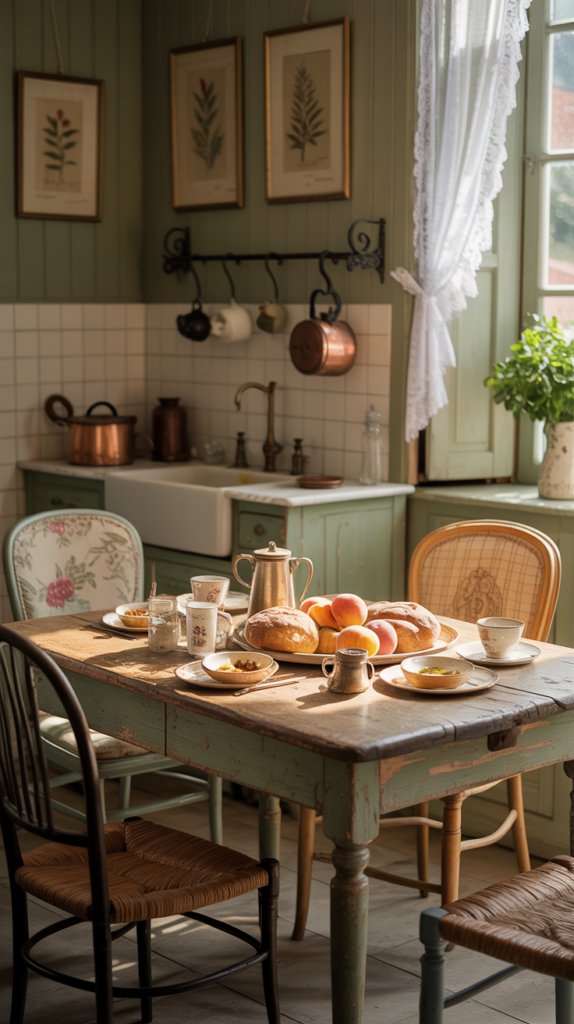 A cozy French country kitchen bathed in warm, muted hues. Soft pastel walls in shades of sage, lavender, and dusty rose, accented by rustic wood tones and wrought-iron fixtures. Sunlight streams through vintage-inspired windows, casting a gentle glow on a farmhouse-style table surrounded by mismatched chairs. In the foreground, a vibrant floral arrangement sits atop a weathered butcher block counter, its colors echoing the palette. Trailing vines and antique brass hardware add to the charming, lived-in ambiance. Overall, a harmonious, inviting space that captures the essence of French countryside living. A cozy French country kitchen bathed in warm, muted hues. Soft pastel walls in shades of sage, lavender, and dusty rose, accented by rustic wood tones and wrought-iron fixtures. Sunlight streams through vintage-inspired windows, casting a gentle glow on a farmhouse-style table surrounded by mismatched chairs. In the foreground, a vibrant floral arrangement sits atop a weathered butcher block counter, its colors echoing the palette. Trailing vines and antique brass hardware add to the charming, lived-in ambiance. Overall, a harmonious, inviting space that captures the essence of French countryside living.