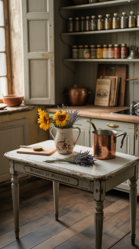 A rustic and vintage-inspired kitchen scene, captured with a warm, natural light and a soft, slightly hazy lens. In the foreground, an assortment of well-worn ceramics, copper cookware, and a wooden cutting board adorned with fresh herbs. In the middle ground, an old-fashioned, enamel-topped kitchen table with mismatched chairs, casting long shadows on the worn hardwood floor. In the background, a weathered wooden cabinet, its doors ajar to reveal a collection of antique glassware and jars. The overall atmosphere evokes the timeless charm of a French countryside kitchen, with a sense of history and authenticity. A rustic and vintage-inspired kitchen scene, captured with a warm, natural light and a soft, slightly hazy lens. In the foreground, an assortment of well-worn ceramics, copper cookware, and a wooden cutting board adorned with fresh herbs. In the middle ground, an old-fashioned, enamel-topped kitchen table with mismatched chairs, casting long shadows on the worn hardwood floor. In the background, a weathered wooden cabinet, its doors ajar to reveal a collection of antique glassware and jars. The overall atmosphere evokes the timeless charm of a French countryside kitchen, with a sense of history and authenticity.